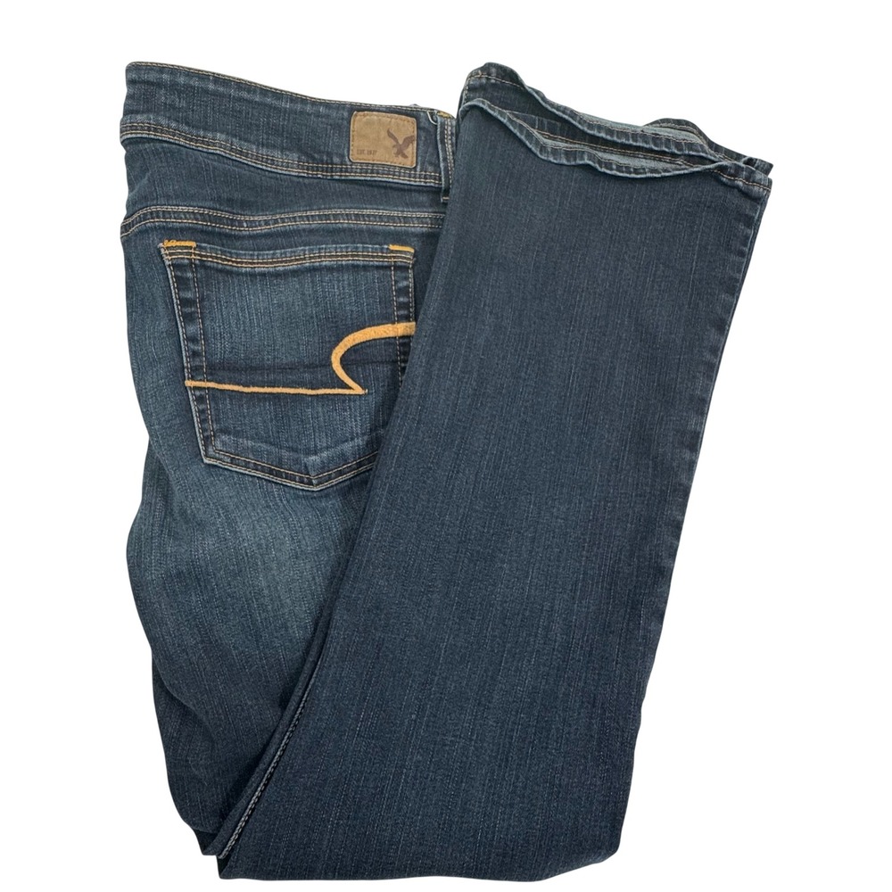 American Eagle Bootcut Jeans Women 12 Blue Dark Wash Stretch Mid Rise Whiskered